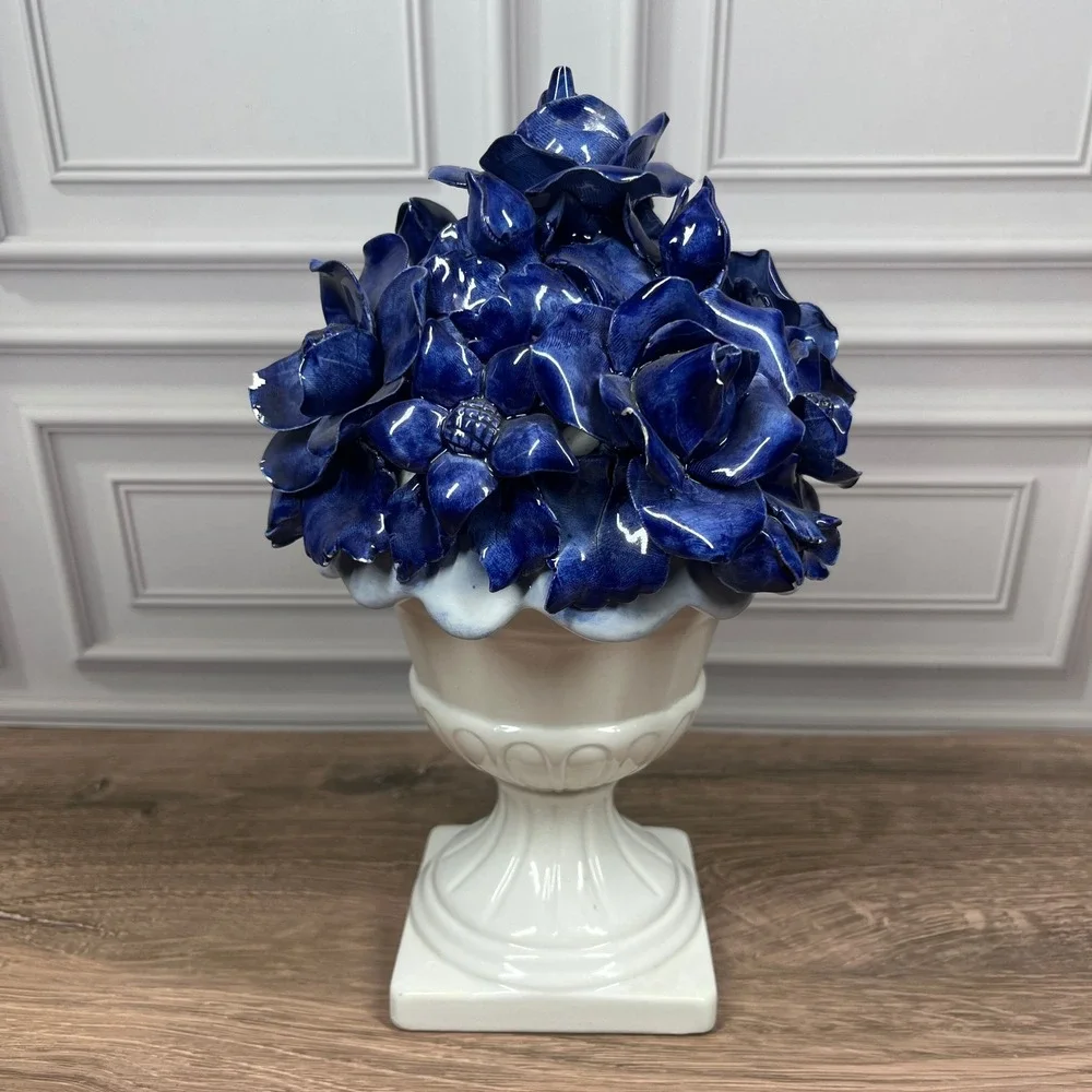 Italian Ceramic Floral Centerpiece Urn Blue White Roses Anemones Hand-Painted